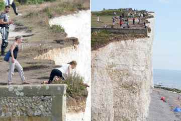 Turistas idiotas posan para selfies y adolescentes cuelgan sobre un acantilado de 150 pies