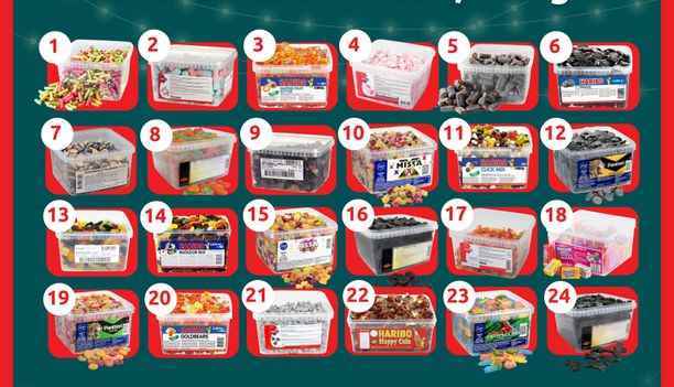 Le plus grand calendrier de Noël de bonbons en vrac au monde compte 24 boîtes d'environ 2 kilos de bonbons.