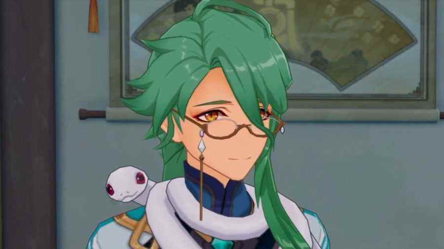 Genshin Impact potansiyel yeni karakteri Baizhu, gözlük takıyor ve boynunda beyaz bir yılan taşıyor