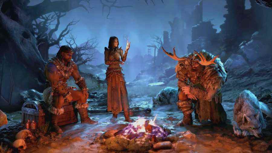 Diablo 4'te ortaya çıkan dört karakterden üçü bir kamp ateşinin yanında oturuyor.