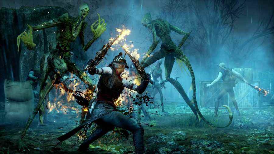 En iyi fantezi oyunlarından biri olan Dragon Age Inquisition'da alevli silahları olan bir adam bataklıkta canavarlarla savaşıyor.