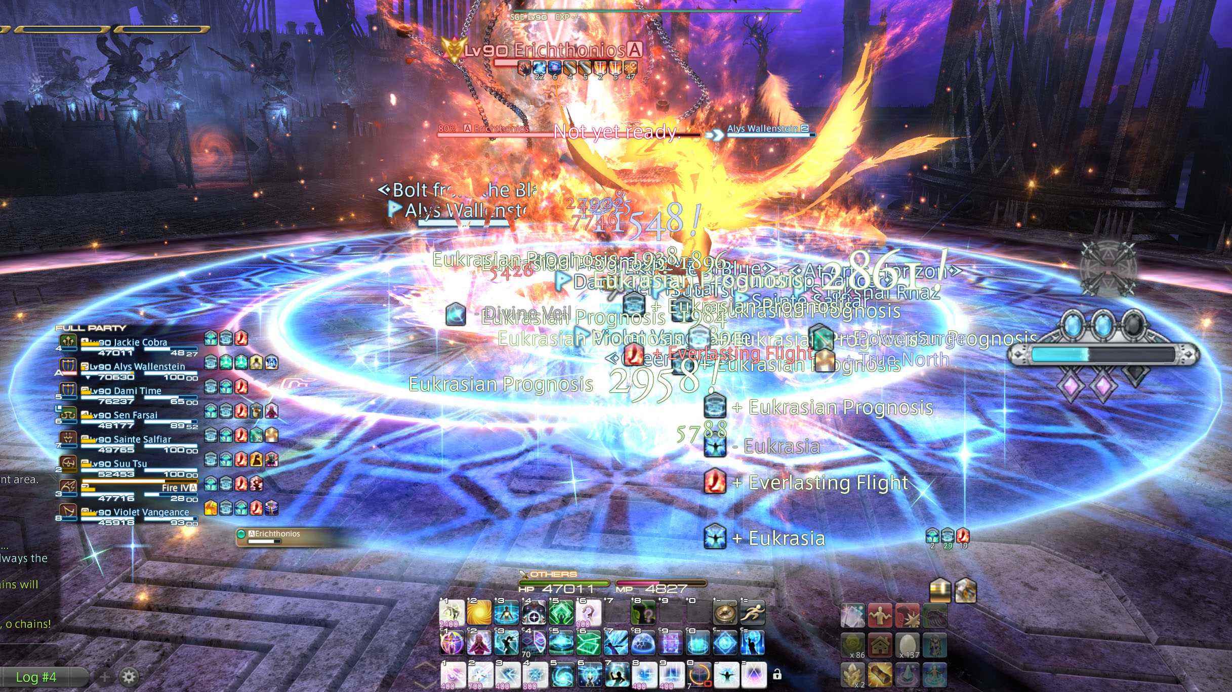Bir sürü metin ve büyü efektli bir baskın karşılaşmasının Final Fantasy XIV ekran görüntüsü
