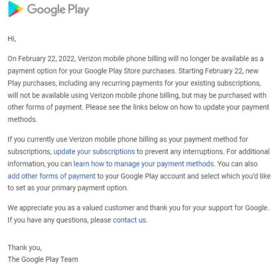 Verizon ve AT&T müşterileri artık Google Play Store uygulamaları, abonelikleri ve uygulama içi ödemeler için ödeme yapmak için operatör faturalandırmasını kullanamaz - Verizon ve AT&T müşterilerinin Google Play satın alma işlemleri için nasıl ödeme yapacaklarını ayarlamaları gerekebilir
