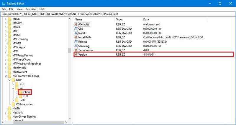.NET Framework sürümünü Kayıt Defteri ile kontrol edin