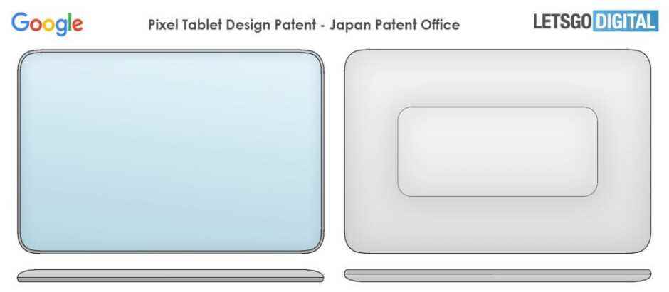 Google tarafından yapılan 2019 Japon patent başvurusundan Pixel tabletin görüntüsü - Android destekli Pixel tablet yüzeyinin renderları;  resimler Google patentine dayanmaktadır