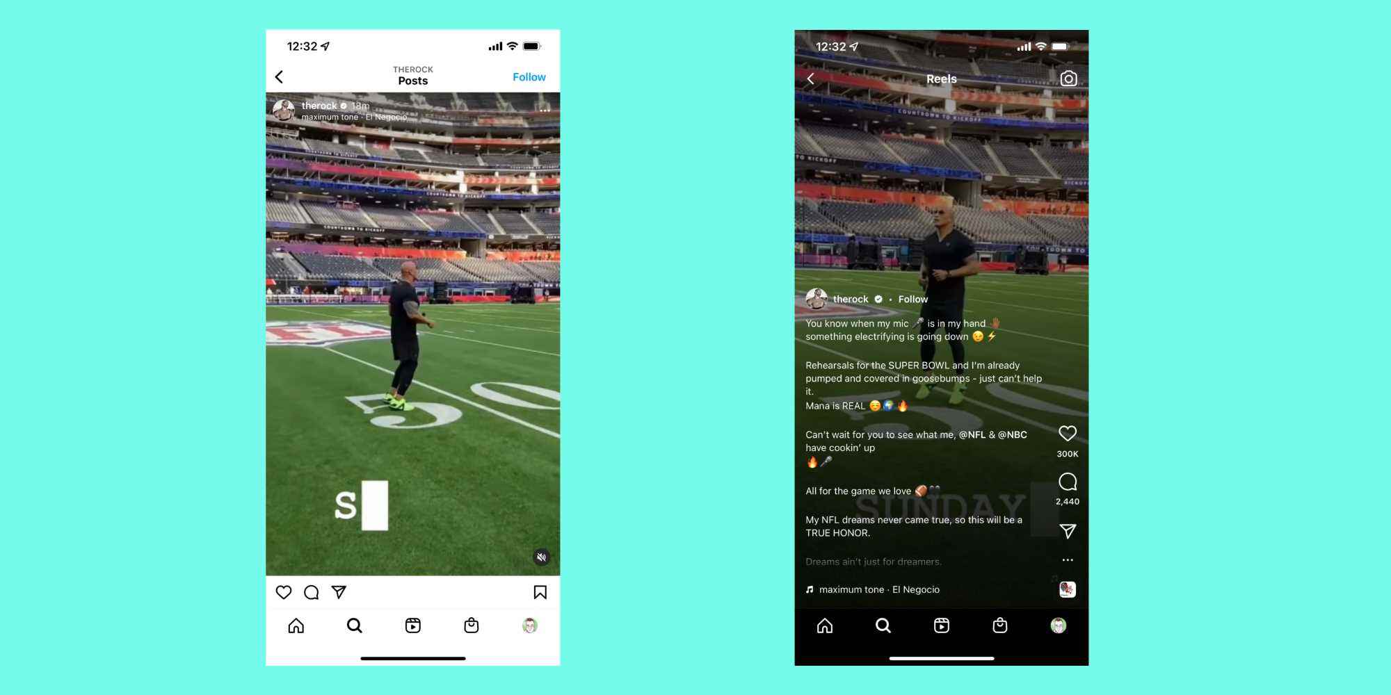 Dwayne Johnson'ın Super Bowl sahasındaki megastarı içeren Instagram gönderisinden kareler