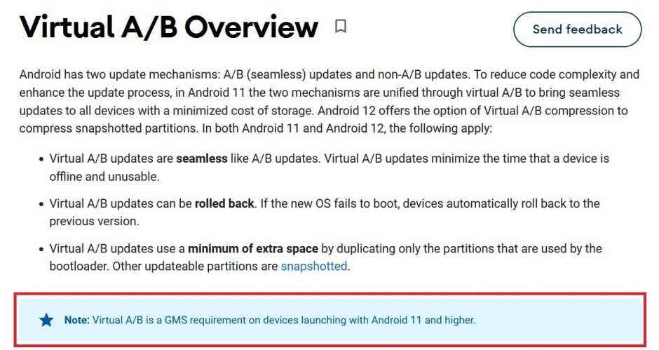 Google, Android 11 ve sonraki sürümlerde GMS'yi kullanmak için a/b bölümünün gerekli olduğunu kafa karıştırıcı bir şekilde yazıyor - Samsung'un başarısı devam ediyor: "Kesintisiz Güncelleme"  Galaxy S22 serisi için