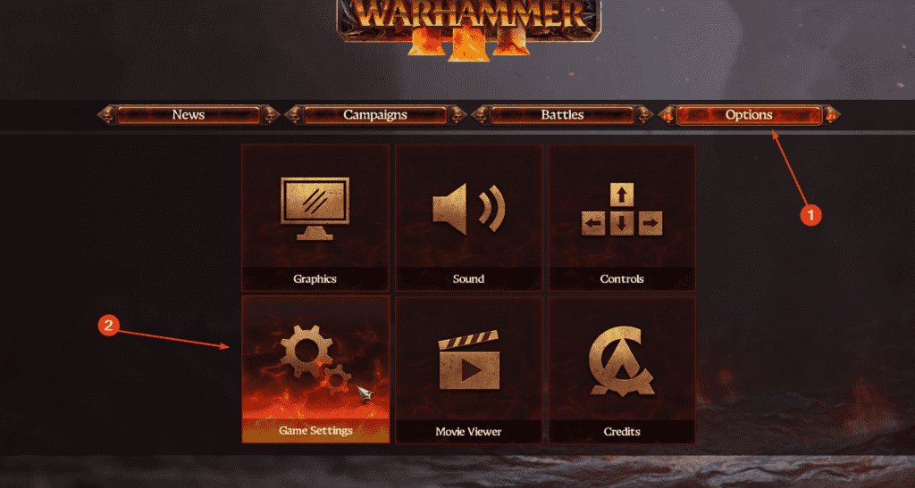 Warhammer 3 Seçenekler Menüsü.  Bu bize bir sürü seçenek sunuyor ve Total War Warhammer 3 Eksik Metni düzeltebiliyor.