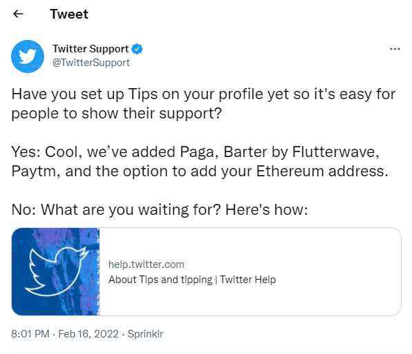 Artık favori Twitter yaratıcınıza bahşiş vermek için Ethereum'u kullanabilirsiniz.