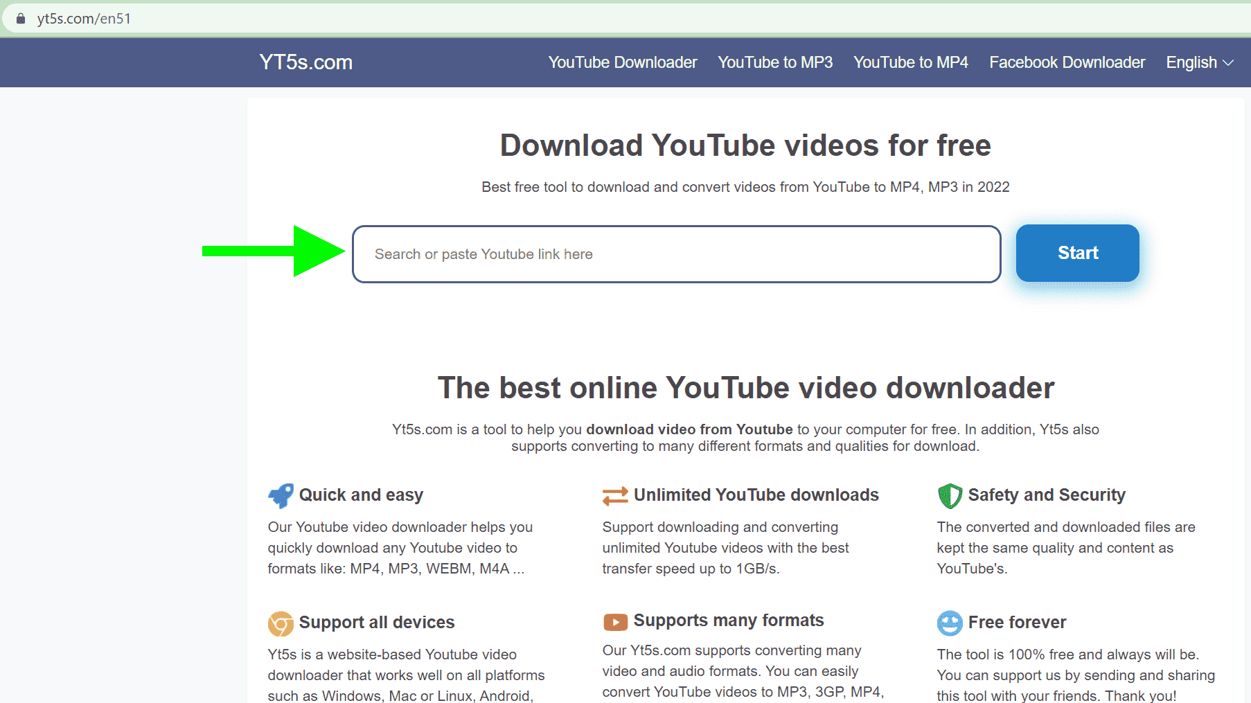 YT5s.com'dan YouTube videoları indirmek için URL alanını gösteren bir ok