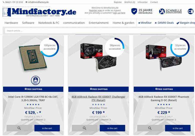En büyük Alman mağazası Mindfactory, Radeon RX 6500 XT'yi önerilen fiyatın altında satıyordu.  Ama uzun sürmez