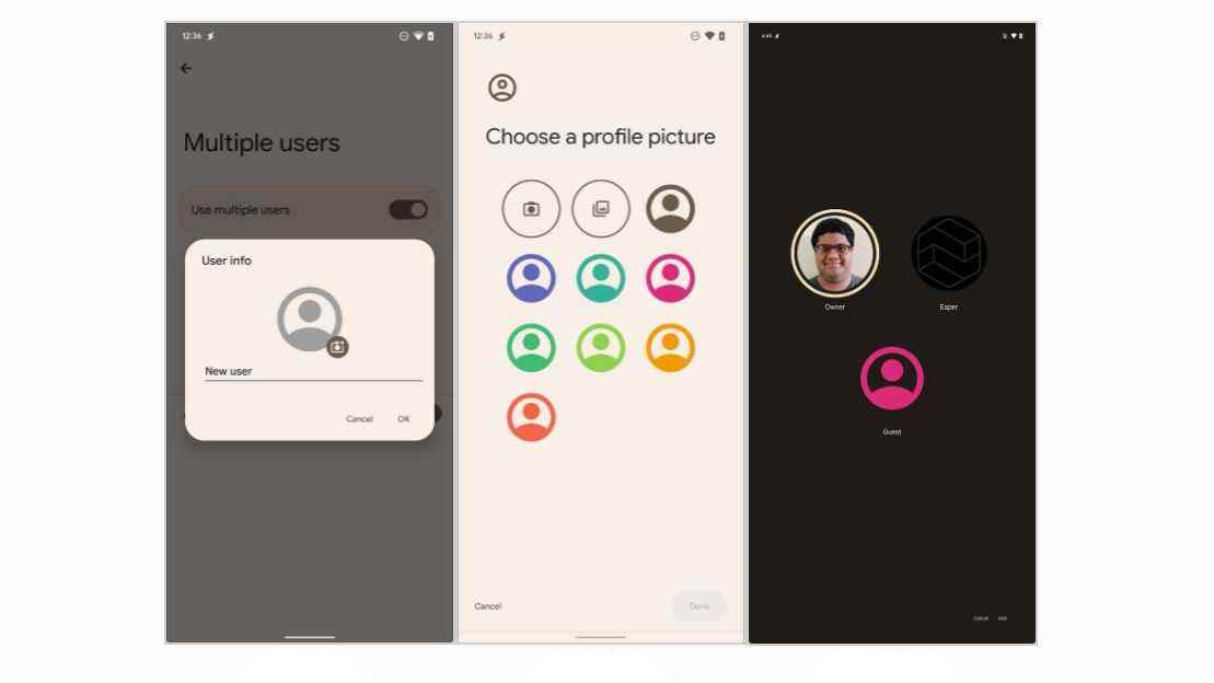 Android 13'te profil seçici özelliklerini gösteren ekran görüntüleri