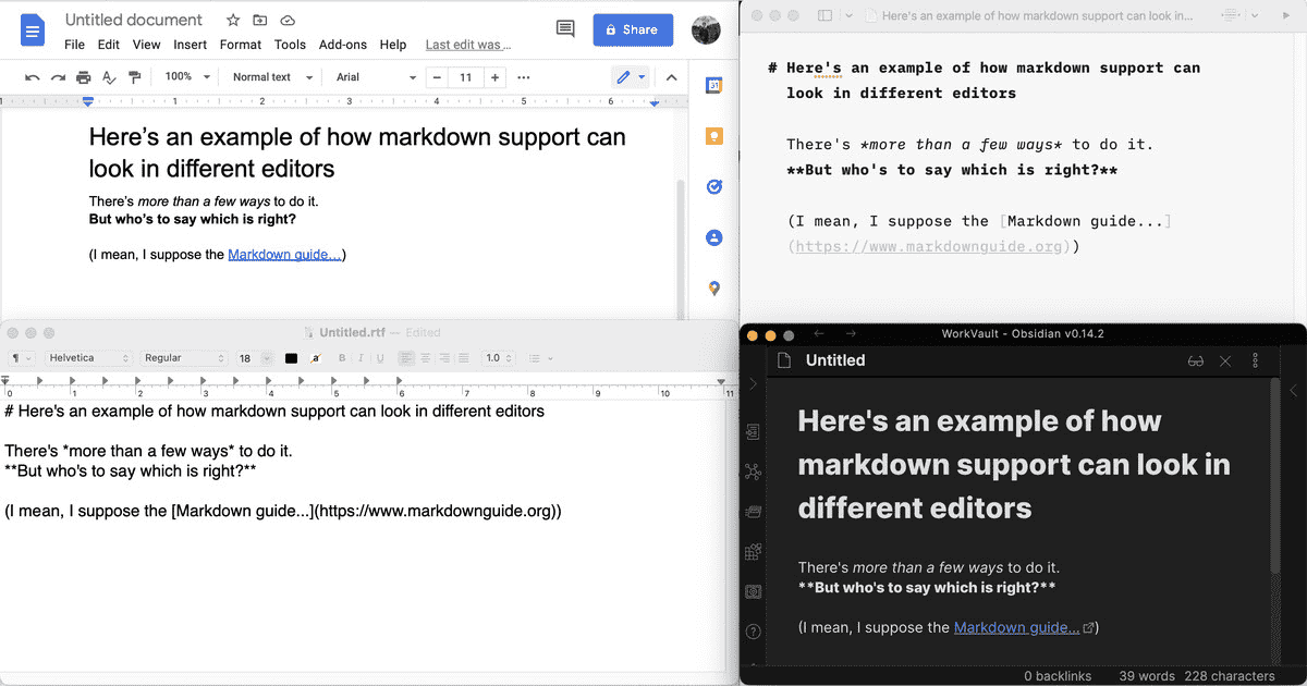 Google Dokümanlar, IA Writer, TextEdit.app ve Obsidian'ın Markdown metnini nasıl görüntülediğini gösteren bir ekran görüntüsü.