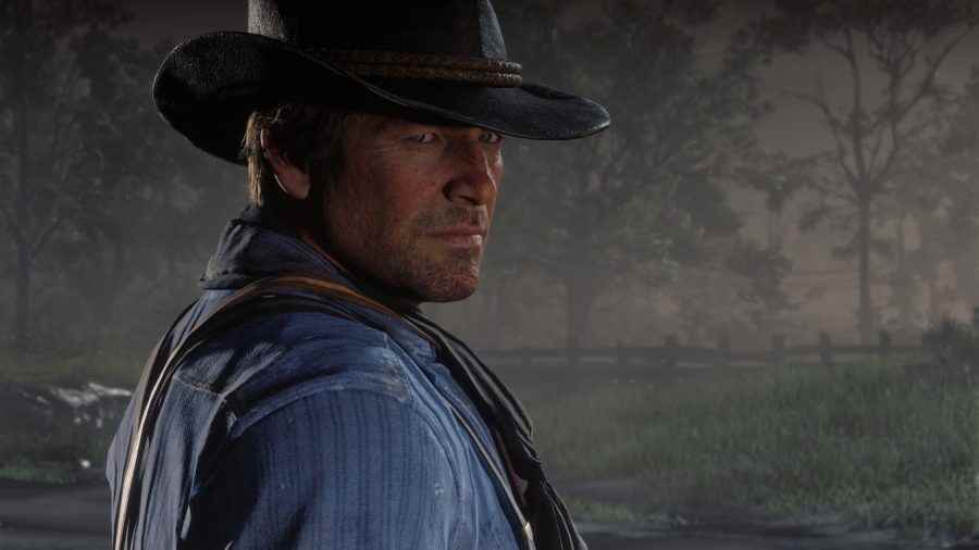 En iyi çevrimdışı oyunlardan biri olan Red Dead Redemption 2'de mavi gömlekli ve kovboy şapkalı bir adam kırsalda dalgın görünüyor