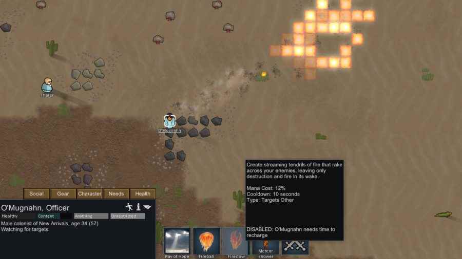 En iyi Rimworld modları: Bir kolonici çölde ateş büyüsü yapıyor.