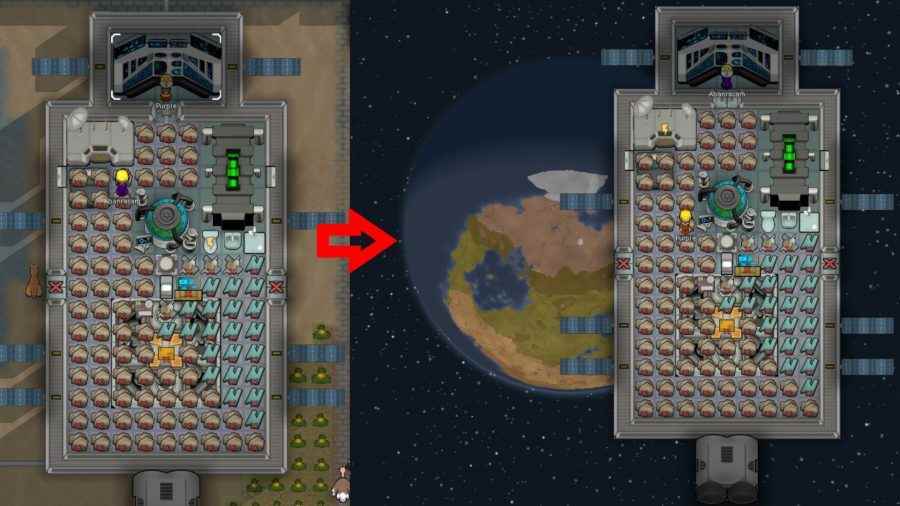 En iyi Rimworld modları: Bir koloni gemisinin iki farklı görünümü, sağdaki uzayda.