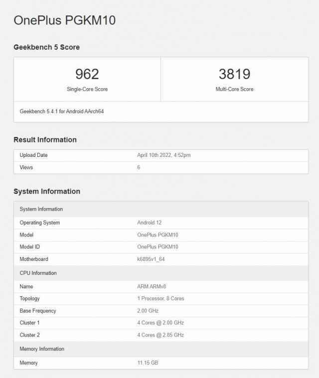 OnePlus Ace, Dimesnity 8100 ve 12GB RAM'e sahip Geekbench'te görünüyor