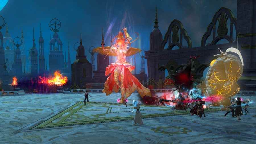 Final Fantasy XIV Aglaia Raid: Azeyma'ya karşı savaşan bir oyuncu partisi