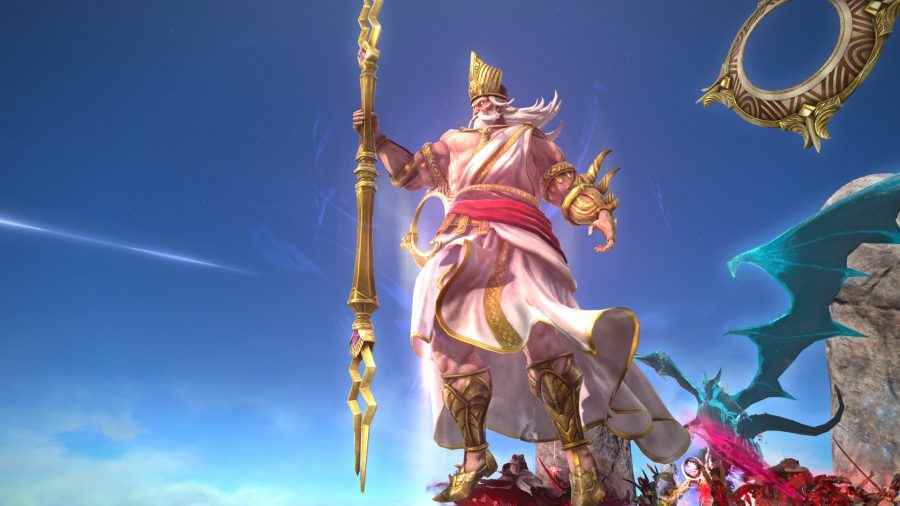 Final Fantasy XIV Aglaia Raid: Rhalgr, altın bir asa kullanırken mavi bir gökyüzünün önünde duruyor