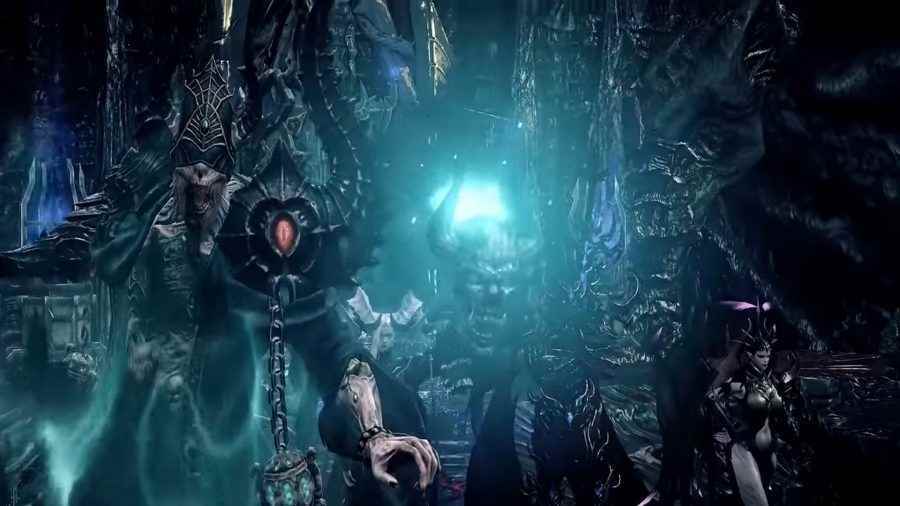 Lost Ark Online South Vern Hidden Quests: Siyah giyinmiş üç düşman mavi ışığın önünde duruyor
