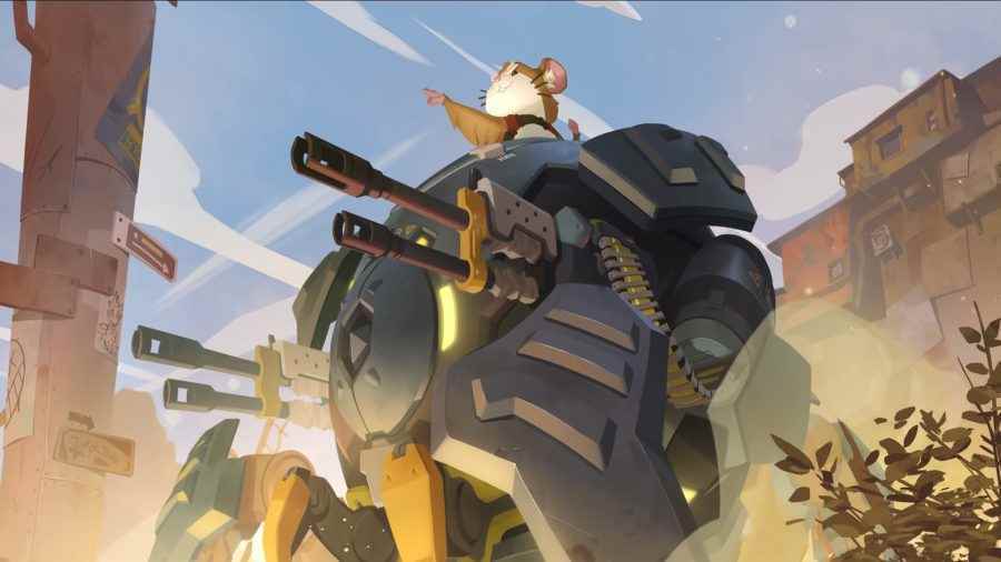 Overwatch 2 rolü: tank karakteri yıkım topu - bir hamster - dev makinesinin üzerinde duruyor