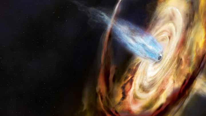 MAXI J1820+070 adlı bir kara deliğin bu çiziminde bir kara delik, komşu bir yıldızdan malzemeyi bir toplama diskine çeker.  Diskin üstünde, korona adı verilen süper sıcak atom altı parçacıkların bir bölgesi var.