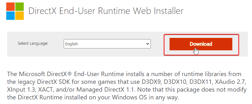 Mevcut DirectX sürümünüzü güncellemek için DirectX web yükleyicisini indirebilirsiniz.