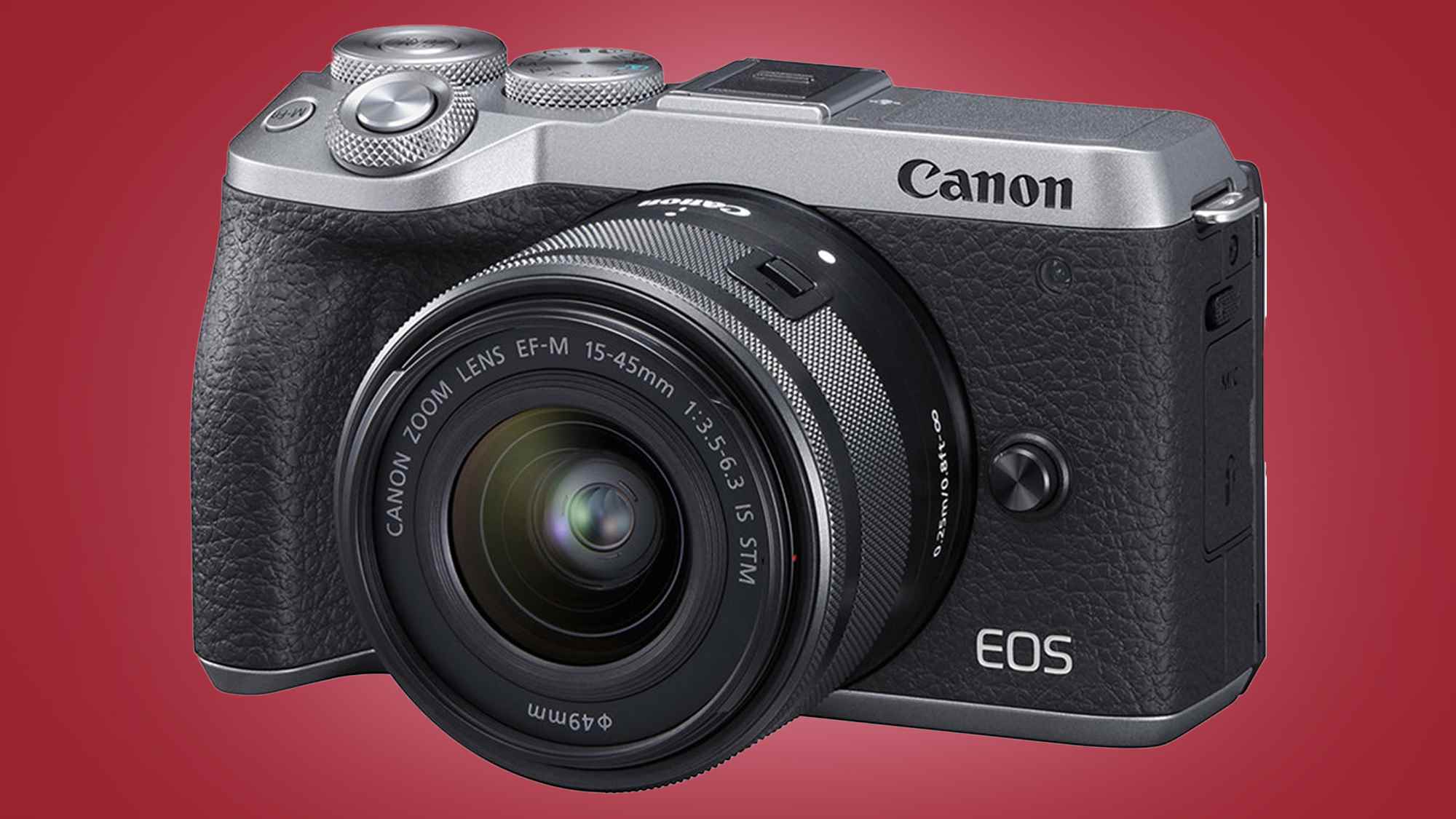 Kırmızı bir arka plan üzerinde Canon EOS M6 Mark II kamera