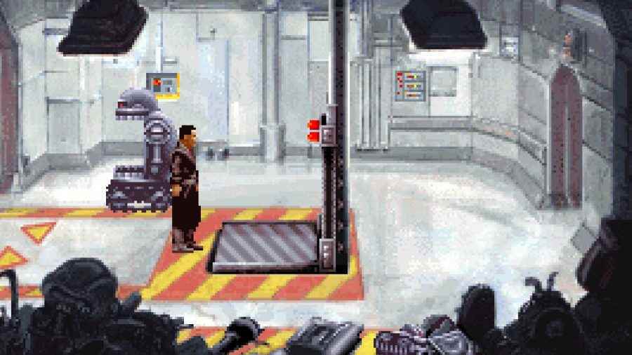 Ücretsiz GOG oyunları: Robert Foster bir asansörün önünde dururken, bir robot arkasını temizler.