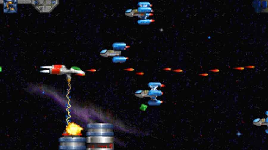 Ücretsiz GOG oyunları: düşman uzay gemilerine plazma mermileri atan ve altındaki bir tareti şok eden bir uzay gemisi.