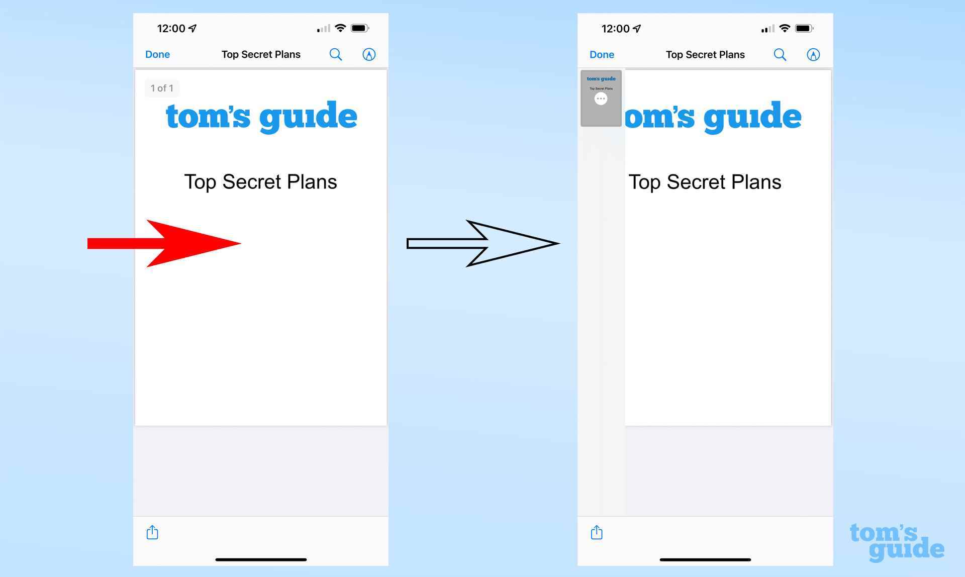 PDF önizleme penceresinin sayfa anahattının nasıl görüntüleneceğini gösteren bir iPhone'dan iki ekran görüntüsü