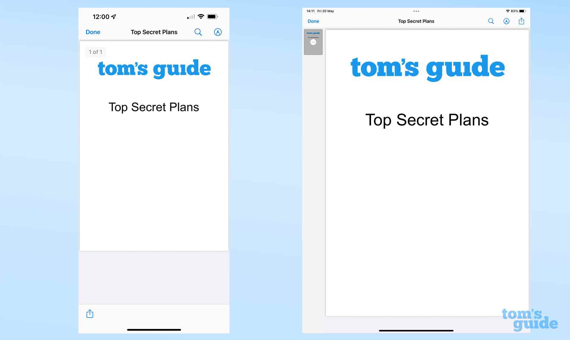 Bir iPhone ve iPad'den yan yana alınmış, PDF önizleme penceresini gösteren bir ekran görüntüsü