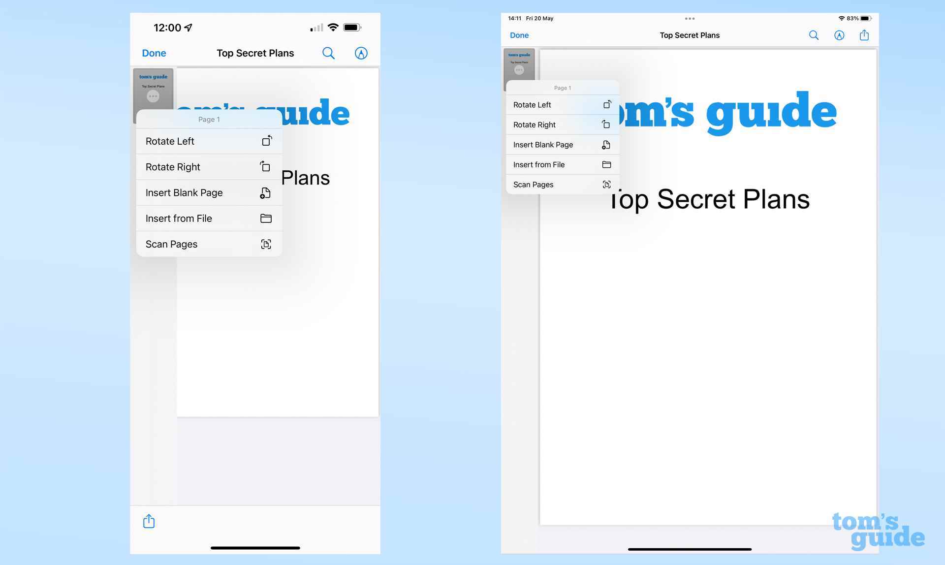 Bir iPhone ve iPad'den yan yana alınmış, PDF önizleme düzenleme menüsünü gösteren ekran görüntüsü