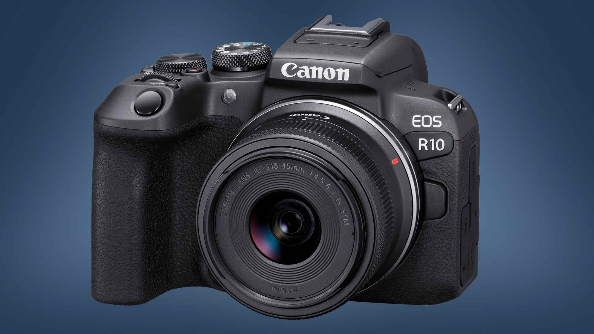 Mavi bir arka plan üzerinde Canon EOS R10 kamera