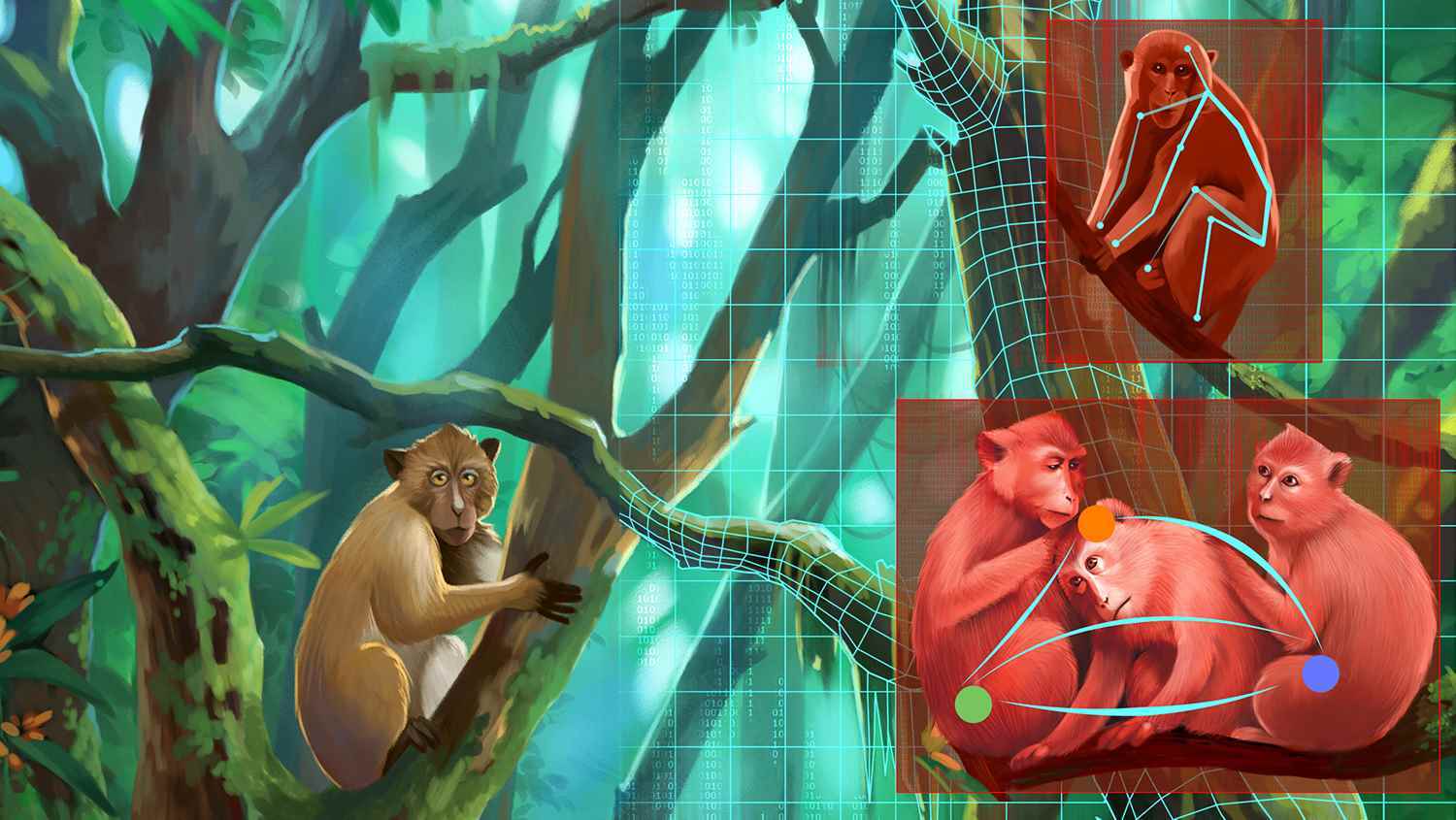 Yapay zeka tarafından analiz edilen bir ağaçtaki maymunların çizimi.