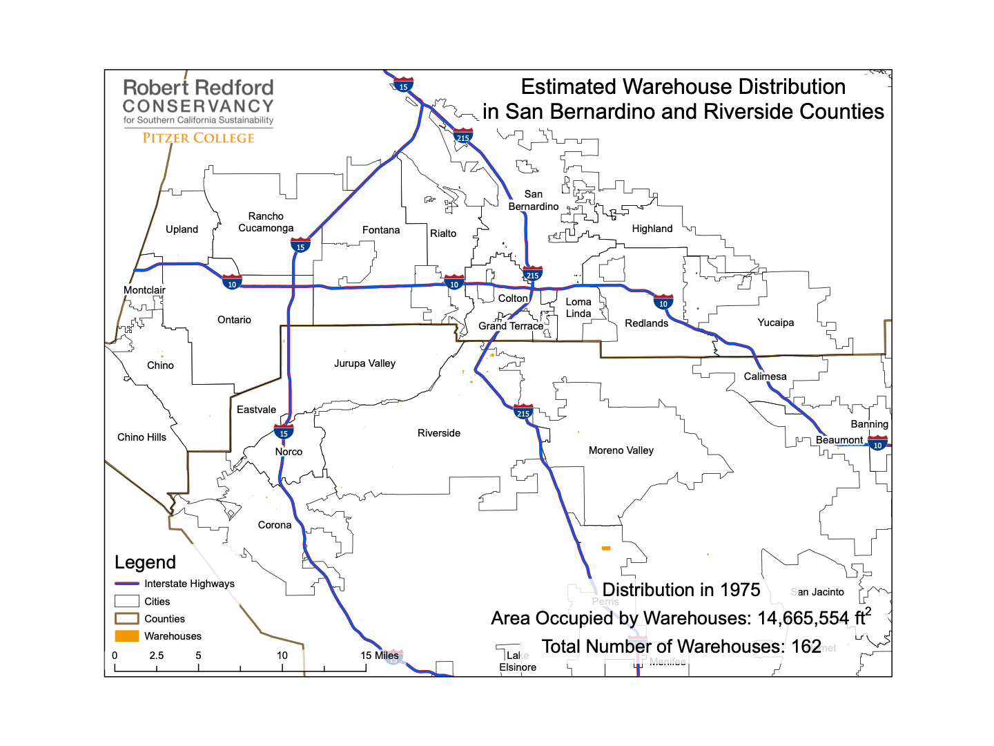 1975-2021 yılları arasında San Bernardino ve Riverside ilçelerinde depo büyümesinin bir haritası.