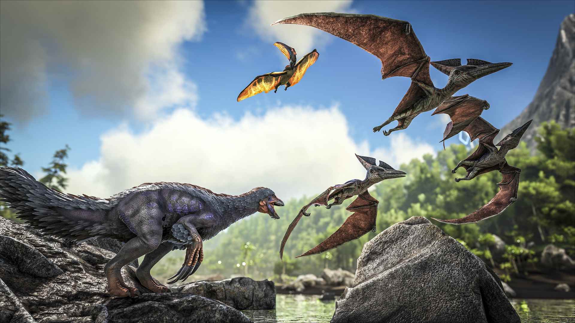 Ark admin komutları: daha küçük bir dinozor bakarken bir nehir üzerinde uçan birkaç pteranodon.
