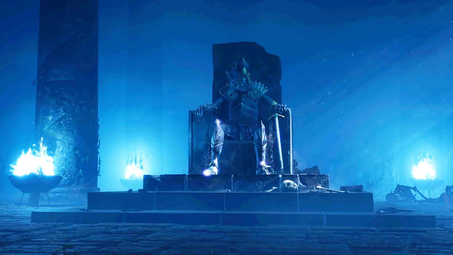 RPG The Wayward Realms'da mavi alevlerle çevrili bir tahtta ölü bir adam oturuyor