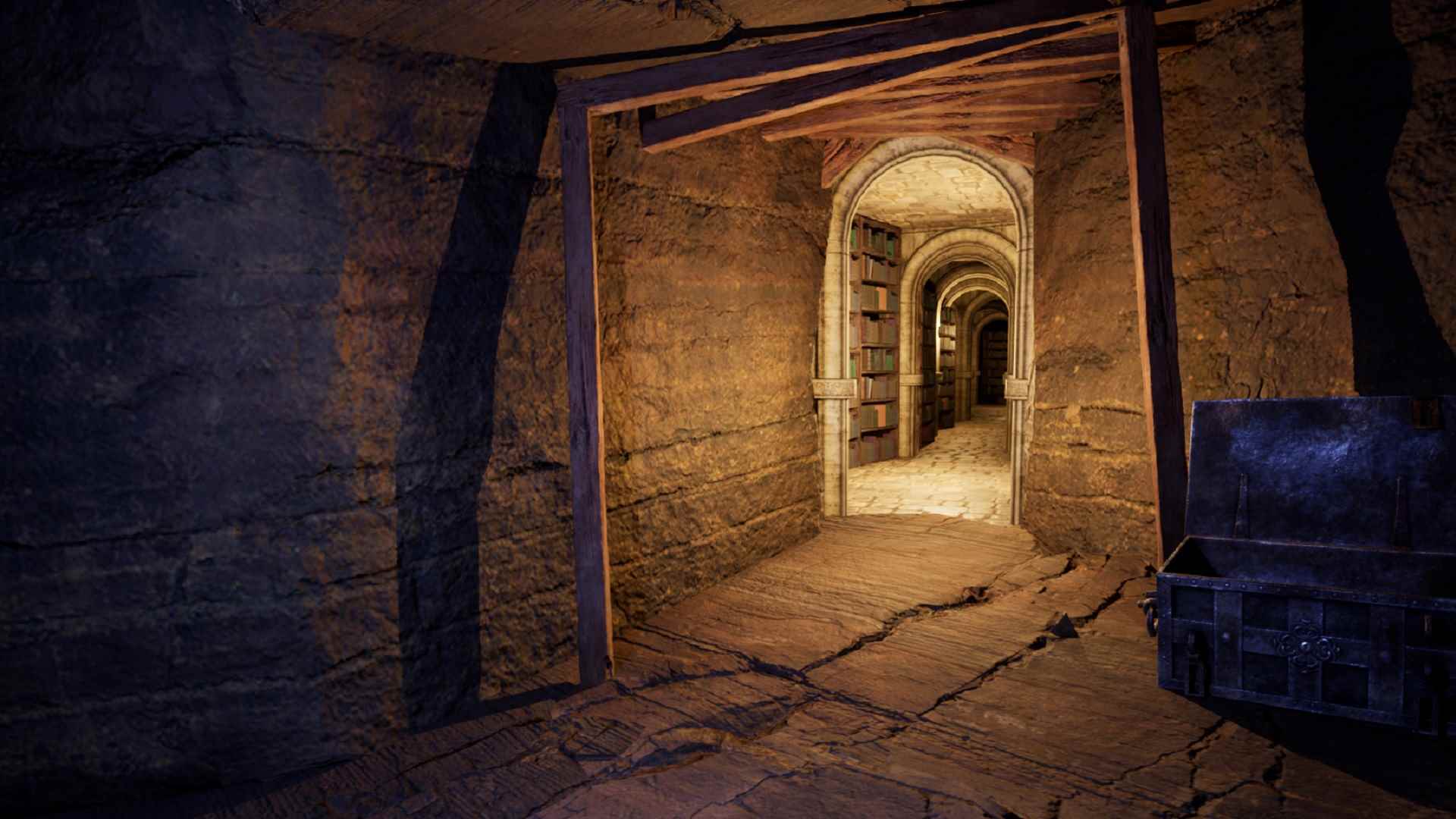 RPG The Wayward Realms'de bir yeraltı tünelinde yanan bir kapı