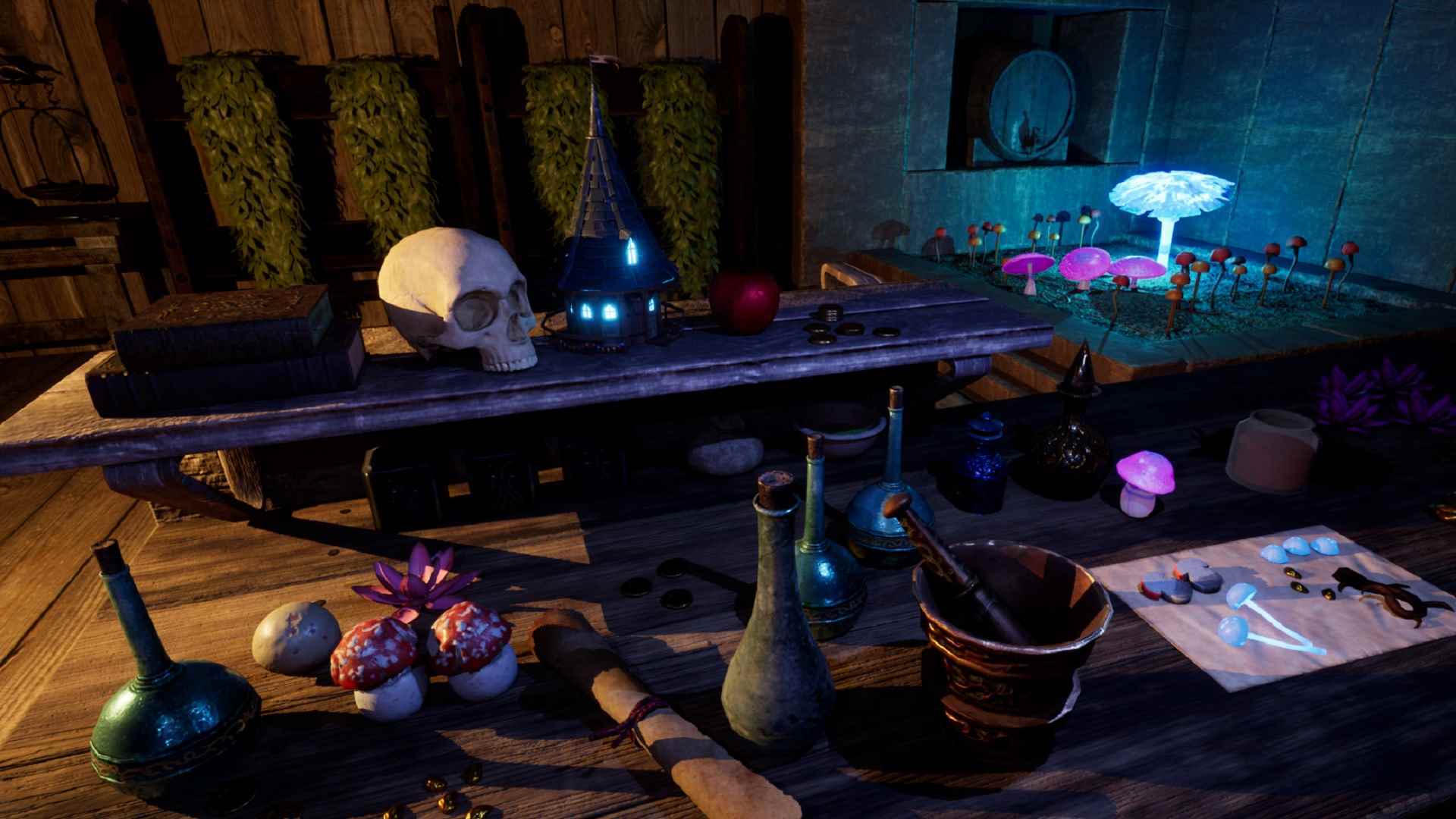 RPG The Wayward Realms'de bir masanın üzerinde kafatası ve iksirler gibi büyülü eşyalar