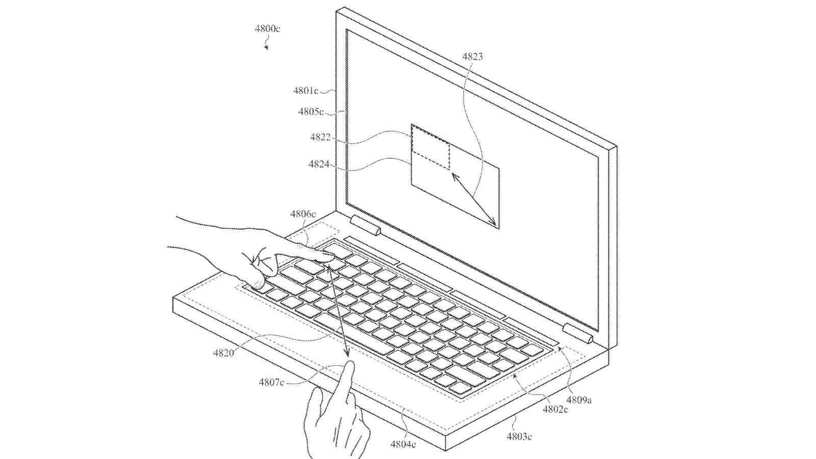 Dokunmatik yüzey klavyesini gösteren bir Apple tasarım patenti çizimi