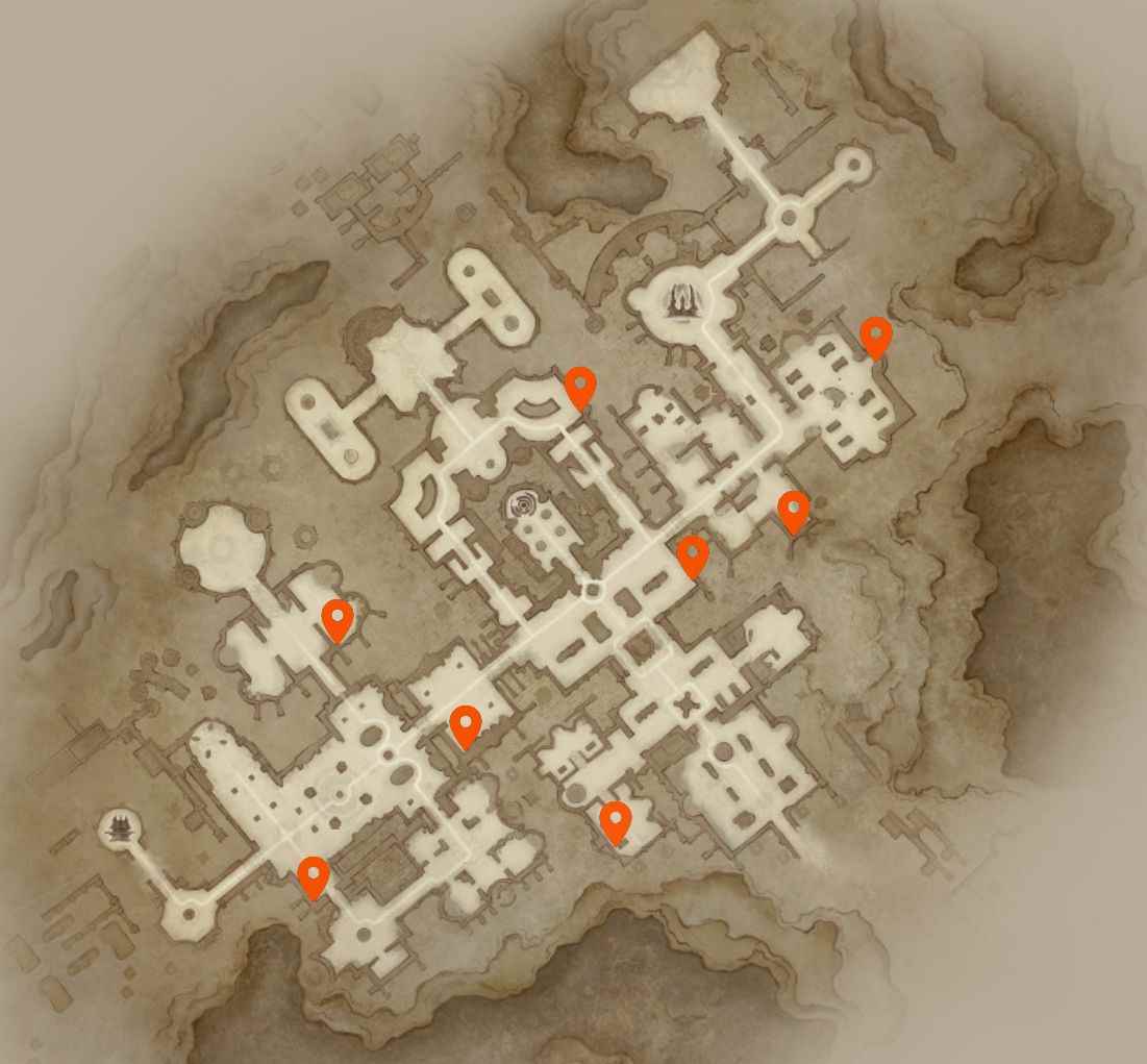 Diablo Immortal Gizli İnler: Zoltun Kulle Kütüphanesi'nin Gizli İnlerle işaretlenmiş, haritanın doğu ve batı taraflarında eşit olarak dağılmış bir haritası.