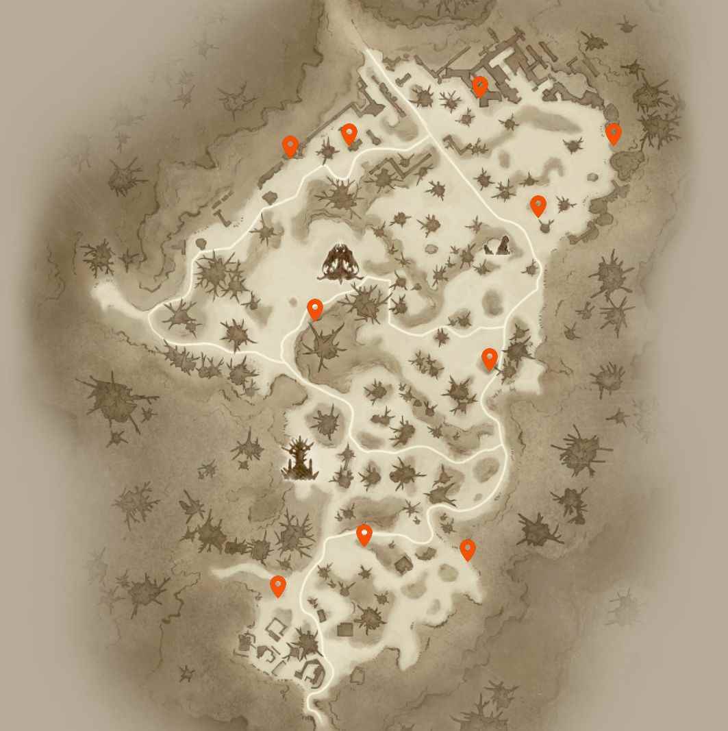 Diablo Immortal Hidden Lairs: Dark Wood'un, öncelikle haritanın kuzey tarafında kümelenmiş, Saklı İnlerle işaretlenmiş bir haritası.