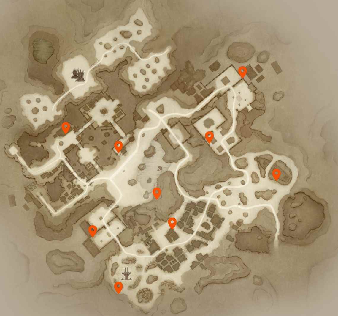 Diablo Immortal Hidden Lairs: Shassar Denizi'nin Saklı İnlerle işaretlenmiş, harita boyunca eşit olarak dağılmış bir haritası.