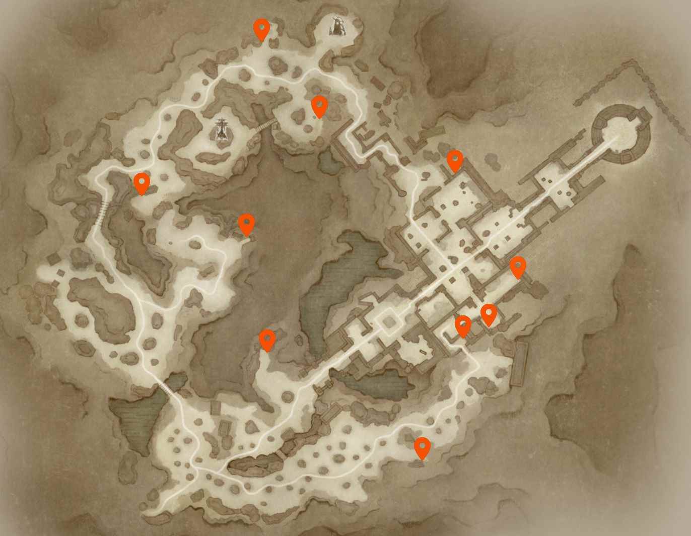 Diablo Immortal Hidden Lairs: Hidden Lairs ile işaretlenmiş Frozen Tundra'nın haritası, haritanın etrafında bir daire şeklinde eşit olarak dağılmıştır.