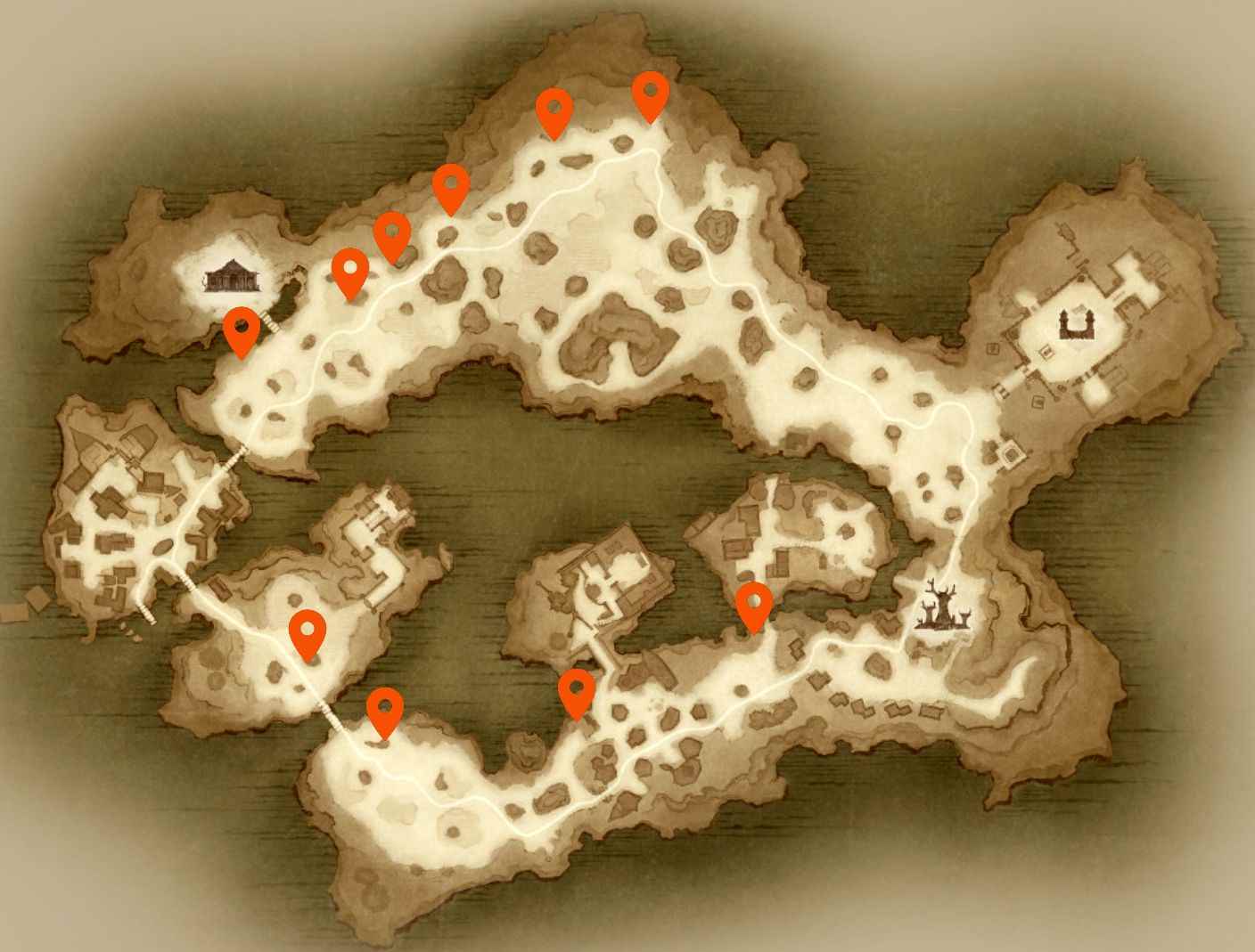 Diablo Immortal Hidden Lairs: Hidden Lairs ile işaretlenmiş, öncelikle haritanın kuzey tarafında kümelenmiş bir Bilefen haritası.