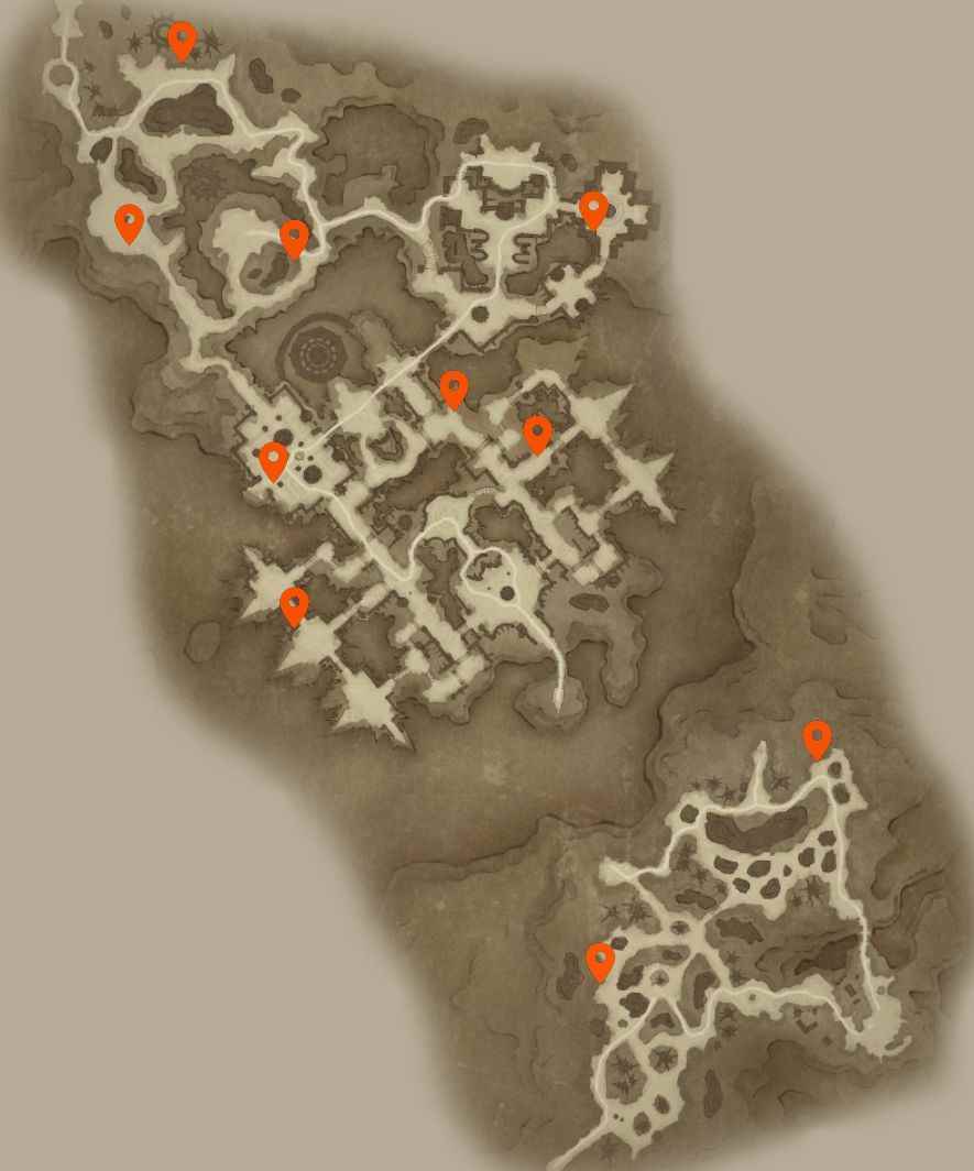 Diablo Immortal Hidden Lairs: Hidden Lairs ile işaretlenmiş, öncelikle haritanın kuzey tarafında kümelenmiş bir Lanet Diyarı haritası.