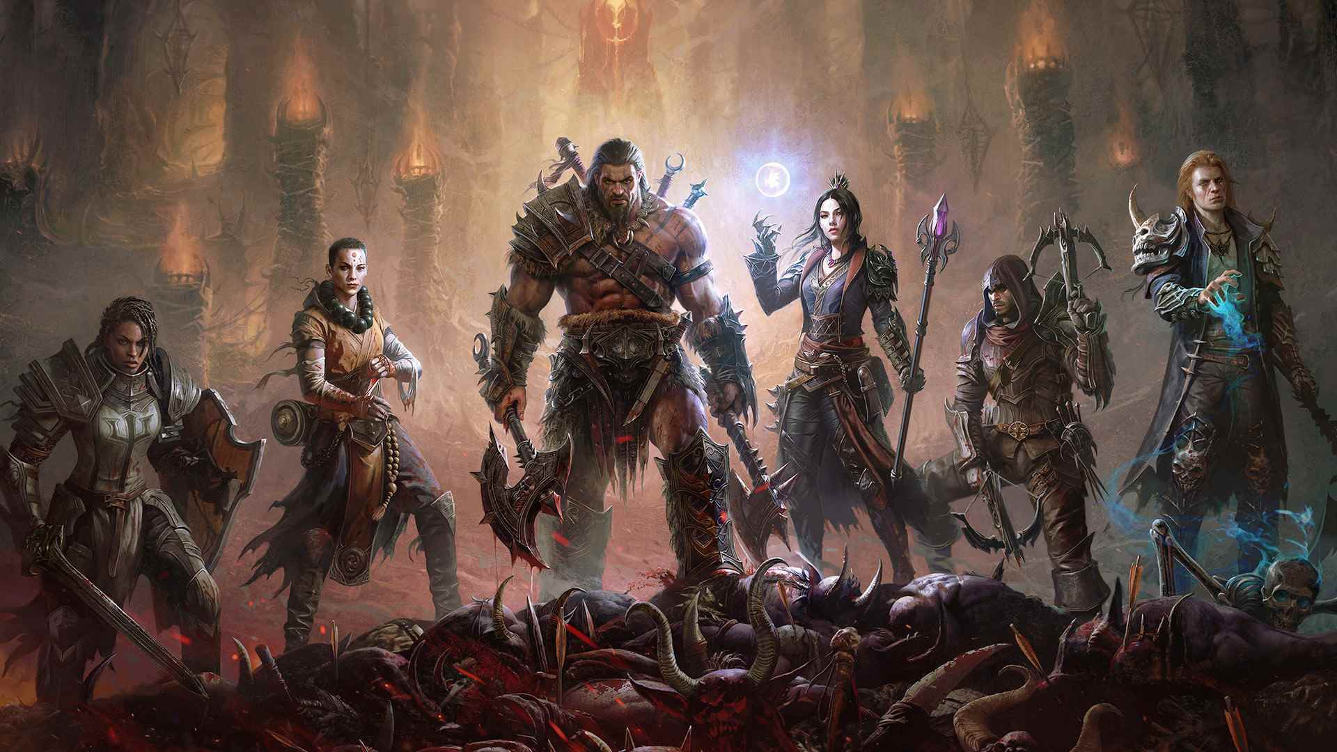 Diablo Immortal Shadows: Bir grup savaşçı, bir iblis ceset yığını üzerinde muzaffer duruyor