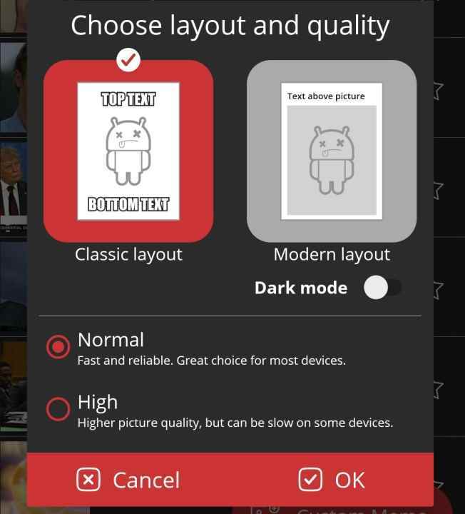 Düzen seçenekleri ekranını gösteren Meme Oluşturucu Ücretsiz mobil uygulama ekran görüntüsü.