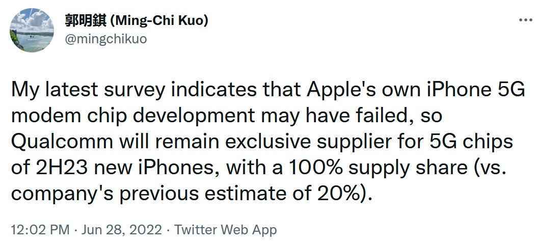 Güvenilir analist Kuo, Apple'ın şirket içi bir 5G modem üretemediğini söylüyor - Bombshell tweet, Apple'ın iPhone 15 için bir şirket içi 5G modem tasarlayamadığını söylüyor
